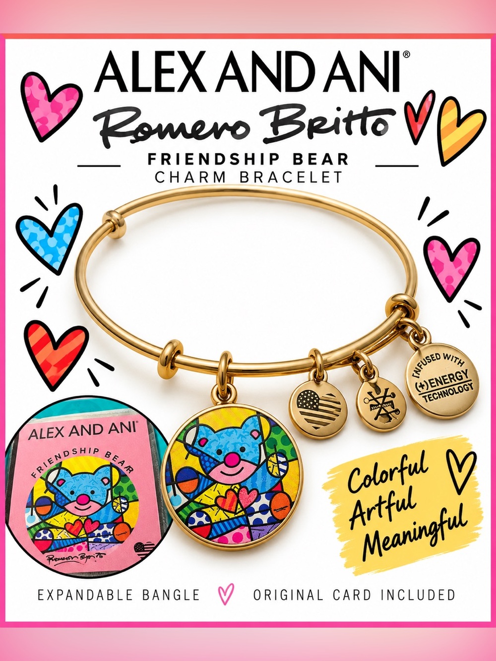 Alex and Ani Romero Britto Friendship Bear Gold Tone Charm Bangle Bracelet